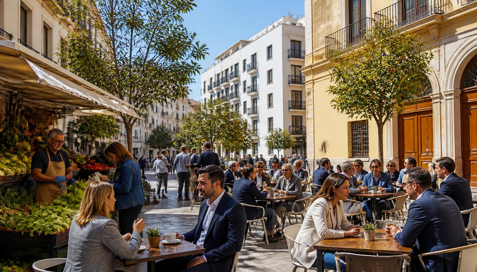 A sunlit Spanish city plaza with busy café terraces, professionals talking and a fresh produce market stall