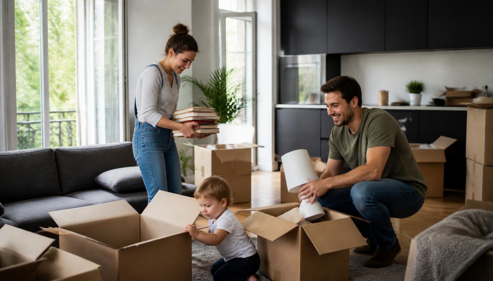 A family unpacking and organising boxes in a bright, newly settled contemporary European apartment