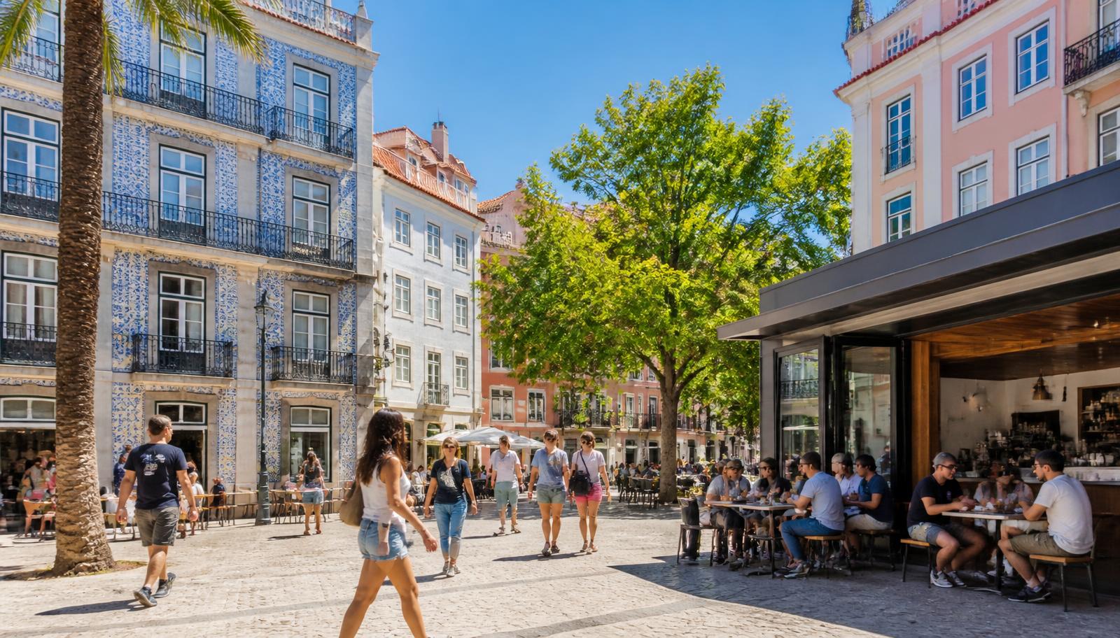 A bright Lisbon square with tiled facades, green trees and people walking past a busy modern café