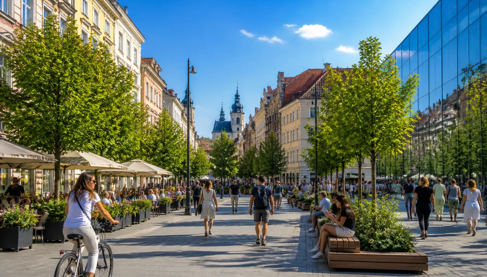 A leafy pedestrian street in a modern Polish city where restored townhouses meet contemporary architecture and people walk and sit outdoors