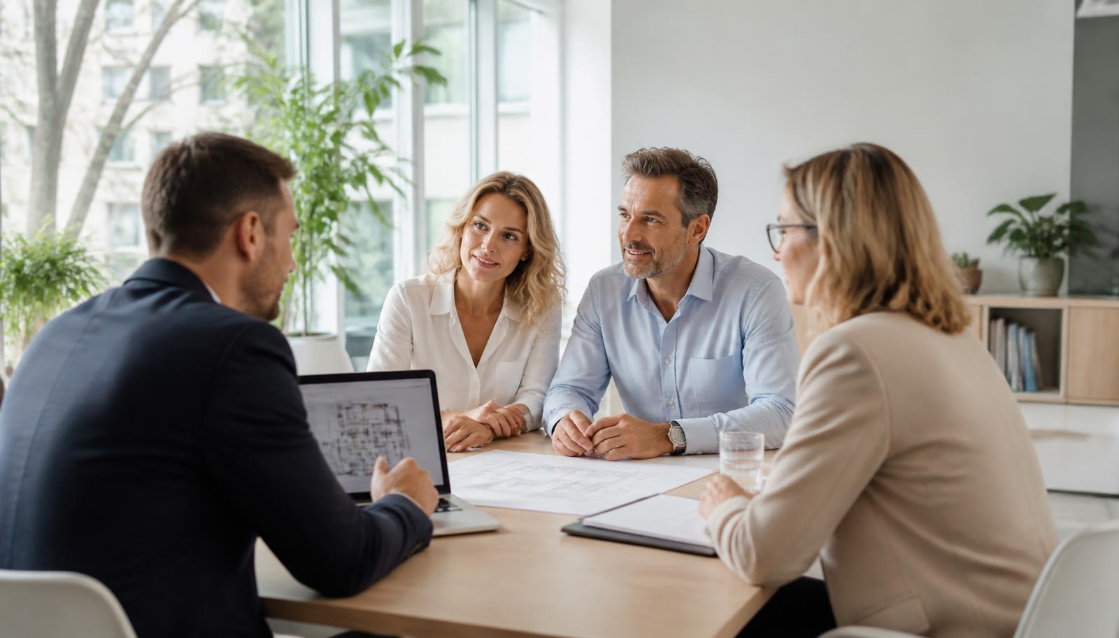A couple meeting with two professional advisers around a table in a bright modern European office