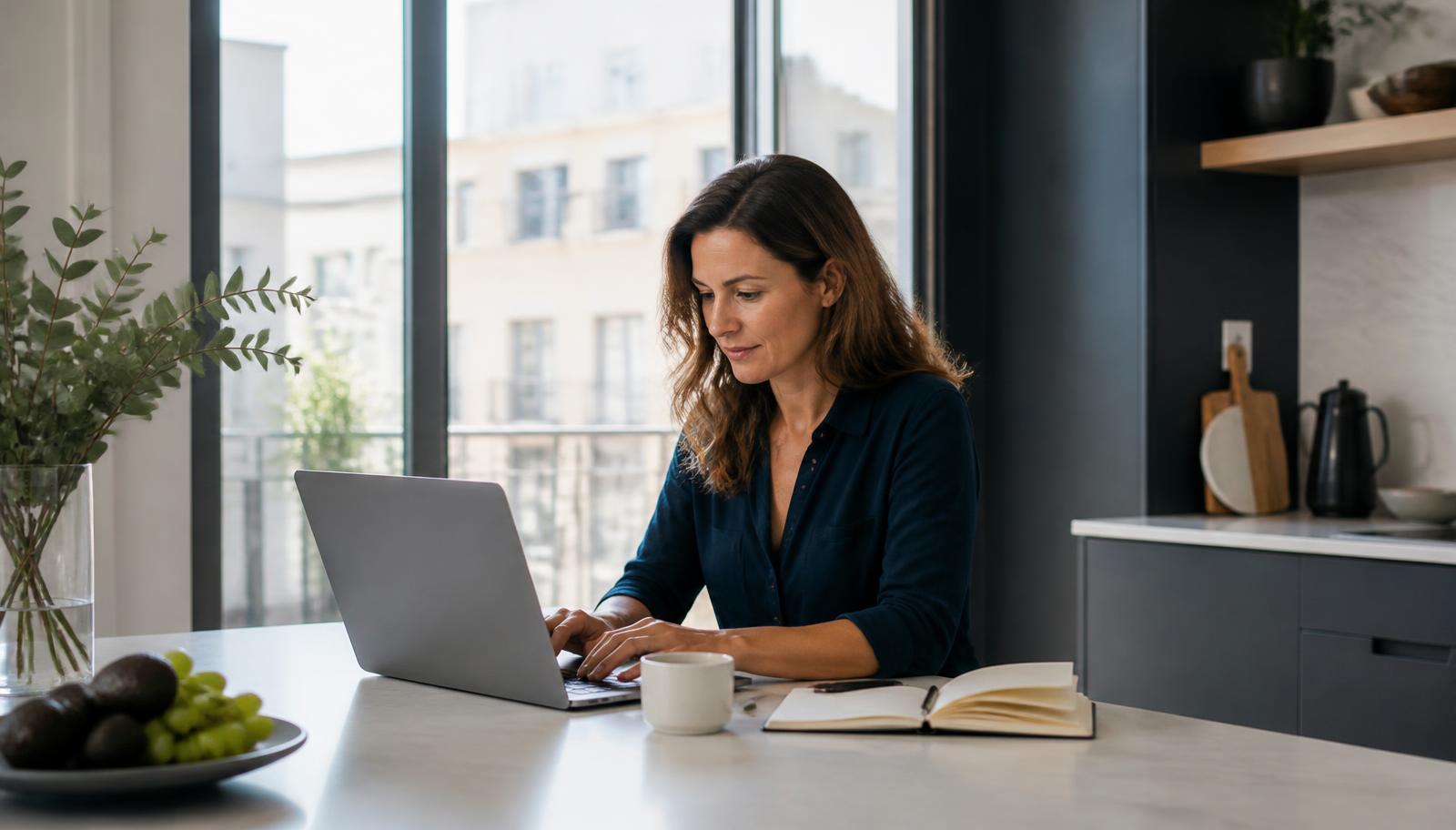 A woman working on a laptop at a light-filled kitchen counter in a modern European apartment