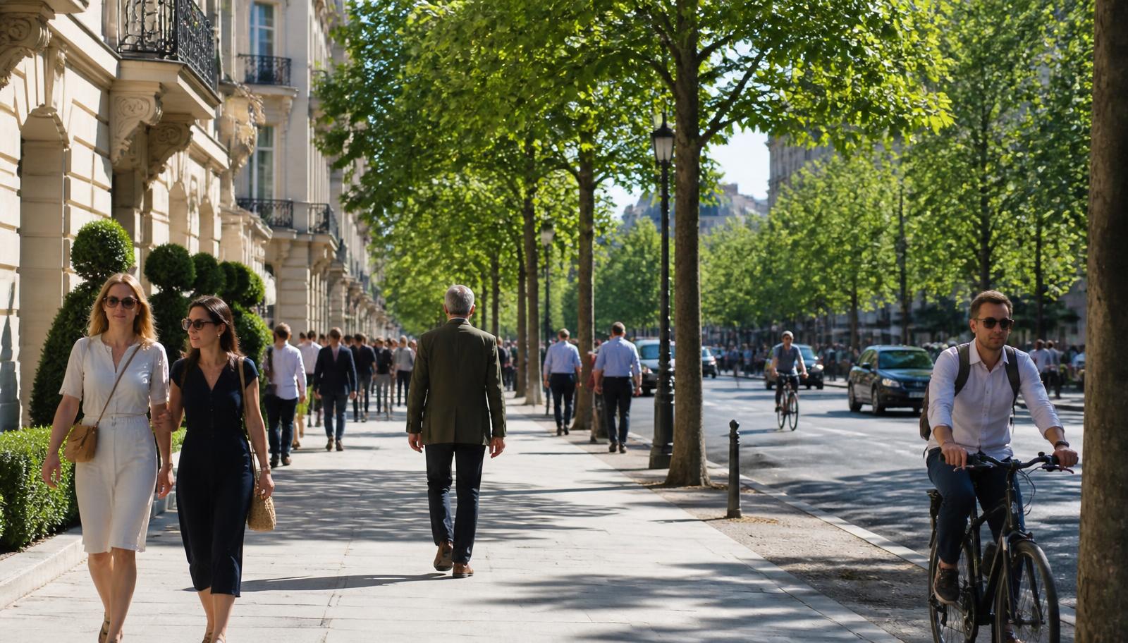 A tree-lined French boulevard in clear summer daylight with residents walking and cycling past pale stone facades