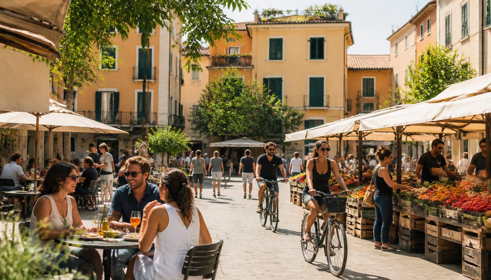 An Italian neighbourhood piazza in midday sun with friends at a café table, cyclists and a fresh food market