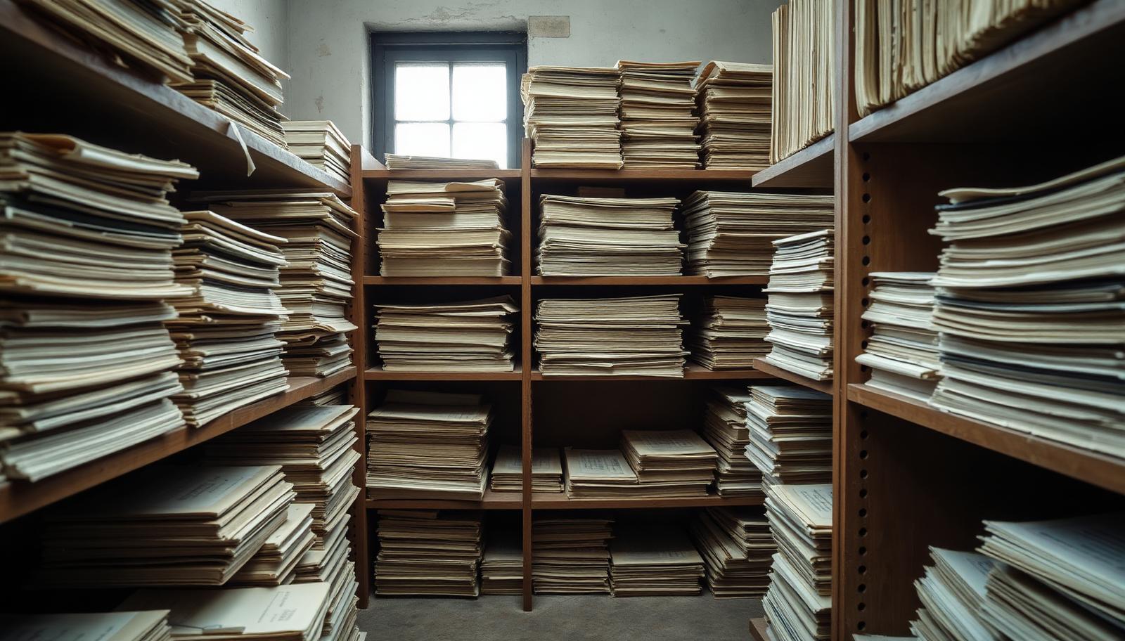 Stacked paper record books and folders on wooden shelves in an old Italian municipal registry room