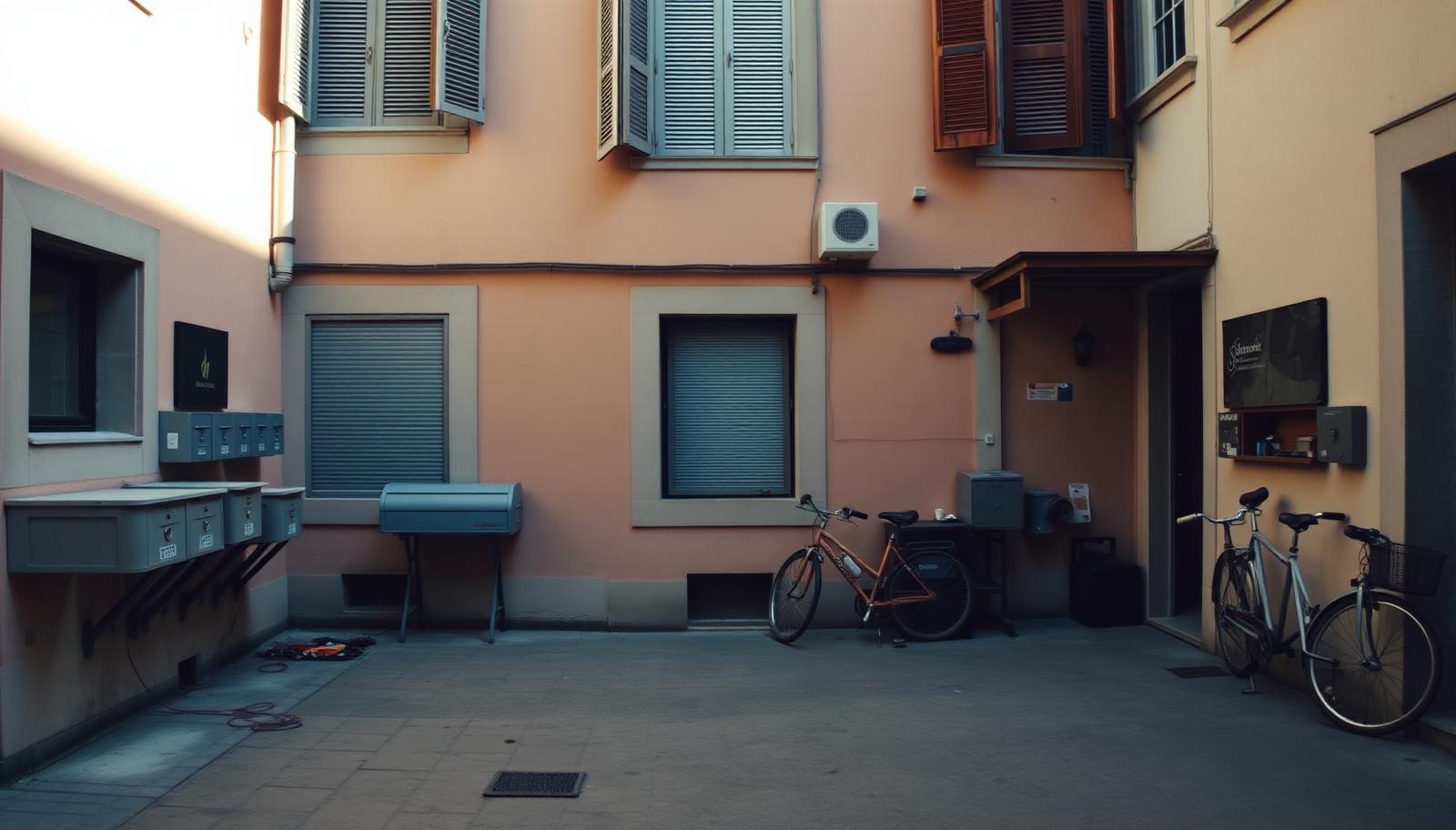The courtyard of an ordinary Italian apartment building, with resident mailboxes, shuttered windows and parked bicycles