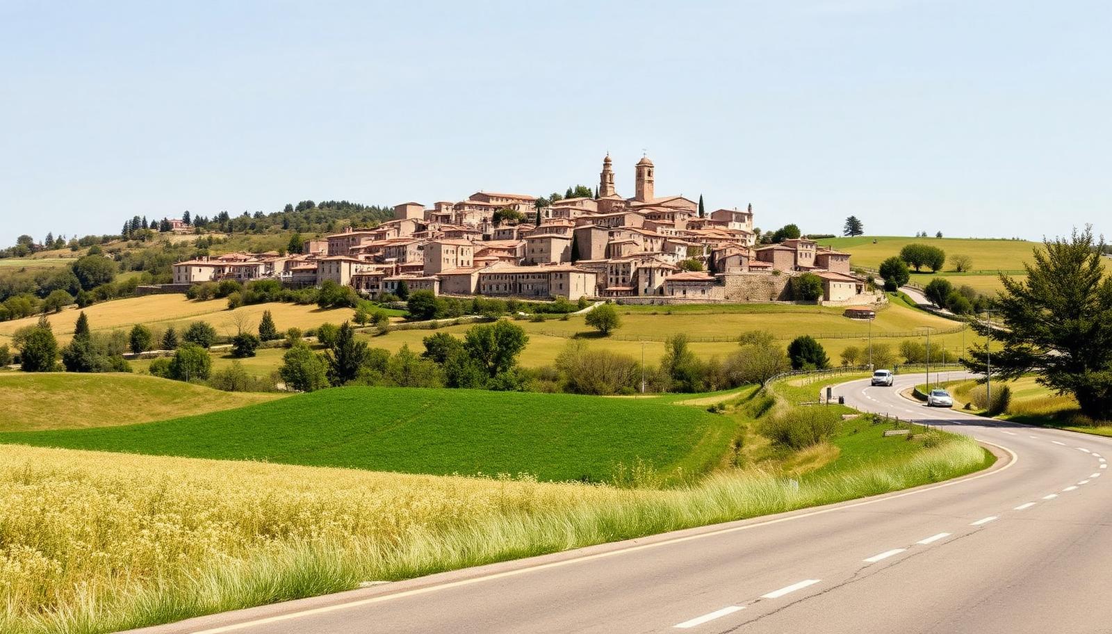 A hillside town of stone houses in central Italy seen across farmland, with a road curving toward it