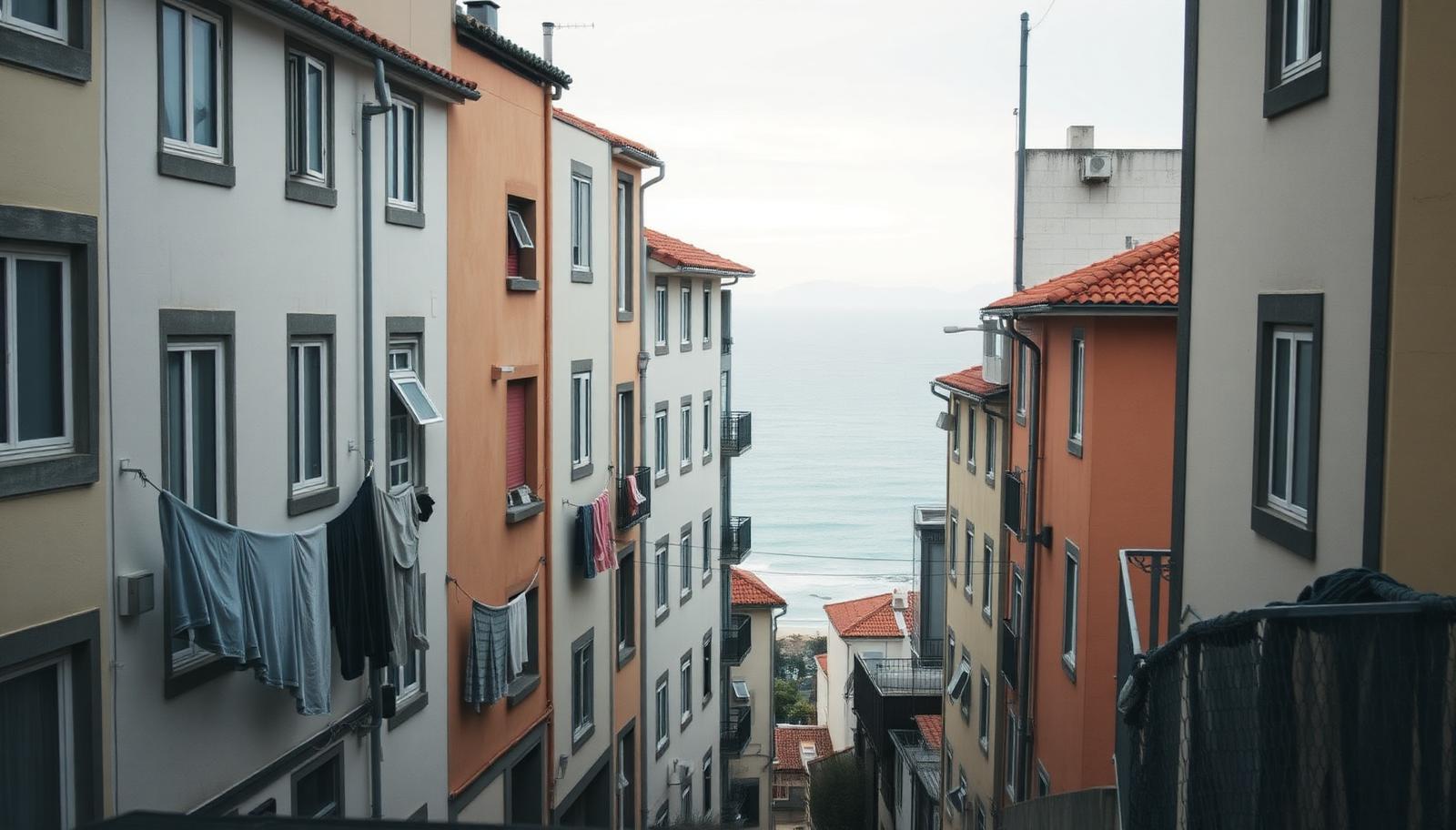 A coastal Portuguese neighbourhood in overcast light, with apartment buildings, laundry lines and the Atlantic at the end of the street