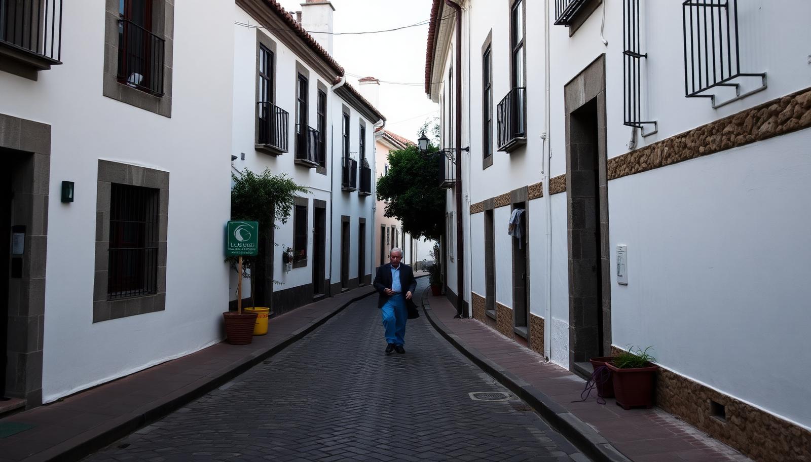 A narrow cobbled street of whitewashed houses in a Portuguese town, with potted plants and a resident walking