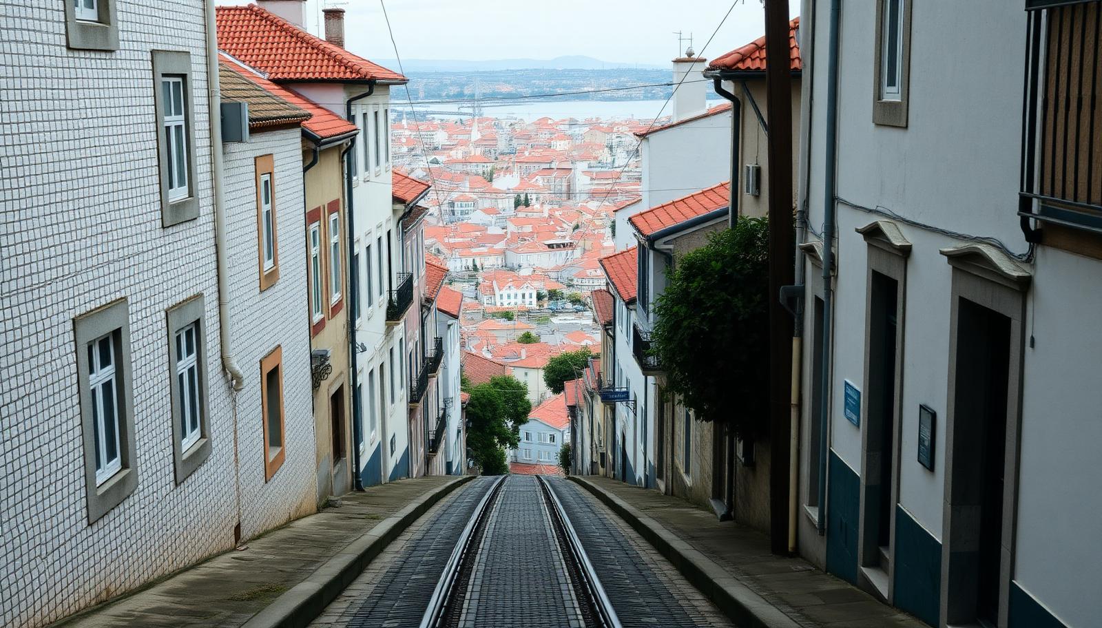 A steep Portuguese residential street with tiled facades and tram tracks, looking down over terracotta rooftops toward the water