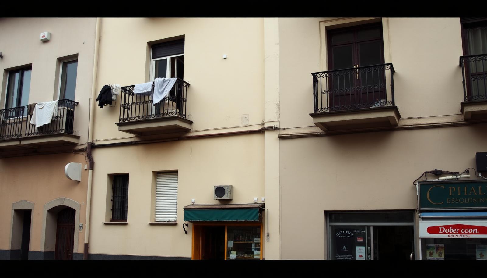 A residential street in a Spanish city, with cream apartment buildings, iron balconies and a small corner shop at street level