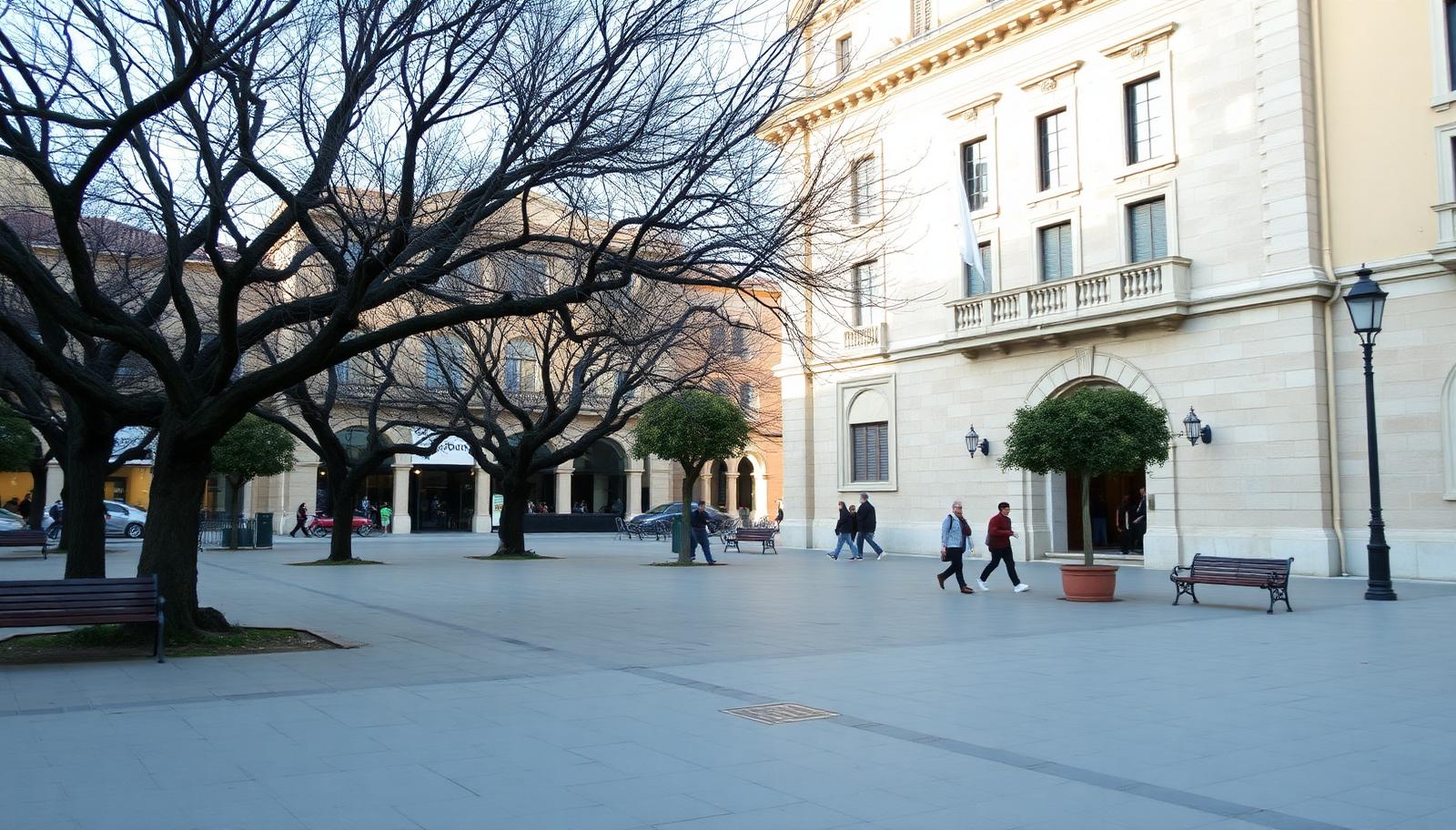A quiet Spanish town square in the morning, with plane trees, benches, a stone civic building and residents walking past
