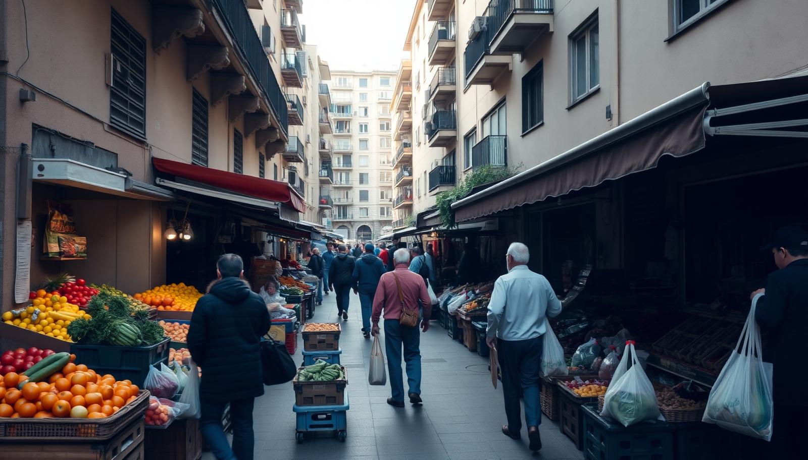 A weekday morning in a Spanish neighbourhood market street, with produce stalls and residents carrying shopping bags